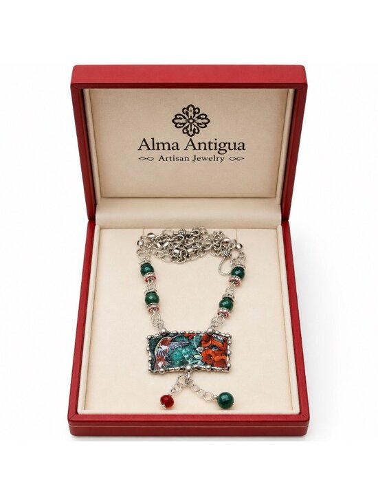 Artisan Hand Crafted Jewelry - Lena Liu Hummingbird Broken China Pendant  Bezel Red & Green Quartz Necklace